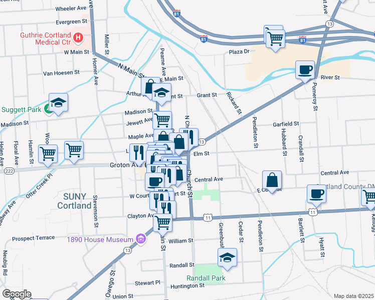 map of restaurants, bars, coffee shops, grocery stores, and more near Clinton Avenue & North Church Street in Cortland
