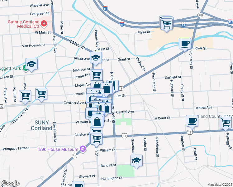 map of restaurants, bars, coffee shops, grocery stores, and more near 1 Church St in Cortland