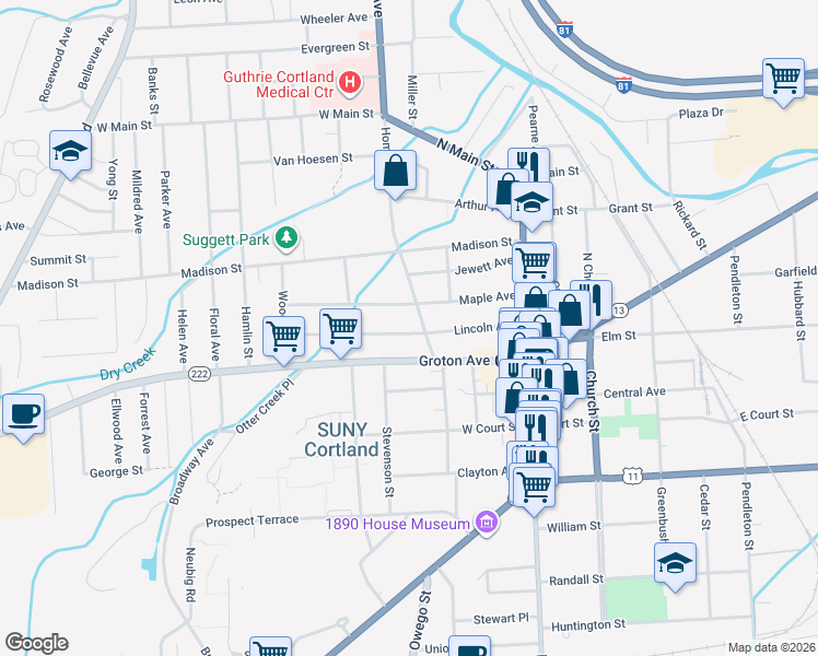 map of restaurants, bars, coffee shops, grocery stores, and more near 54 Groton Avenue in Cortland