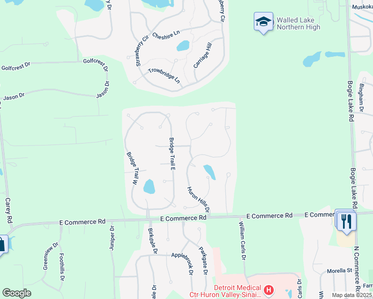 map of restaurants, bars, coffee shops, grocery stores, and more near 5364 Bridge Trail West in Commerce Charter Township