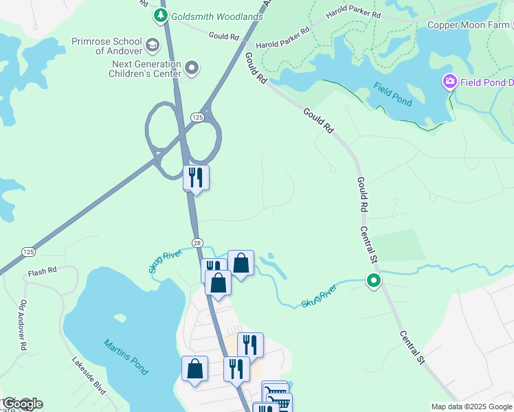 map of restaurants, bars, coffee shops, grocery stores, and more near 2 Patriot Drive in Andover