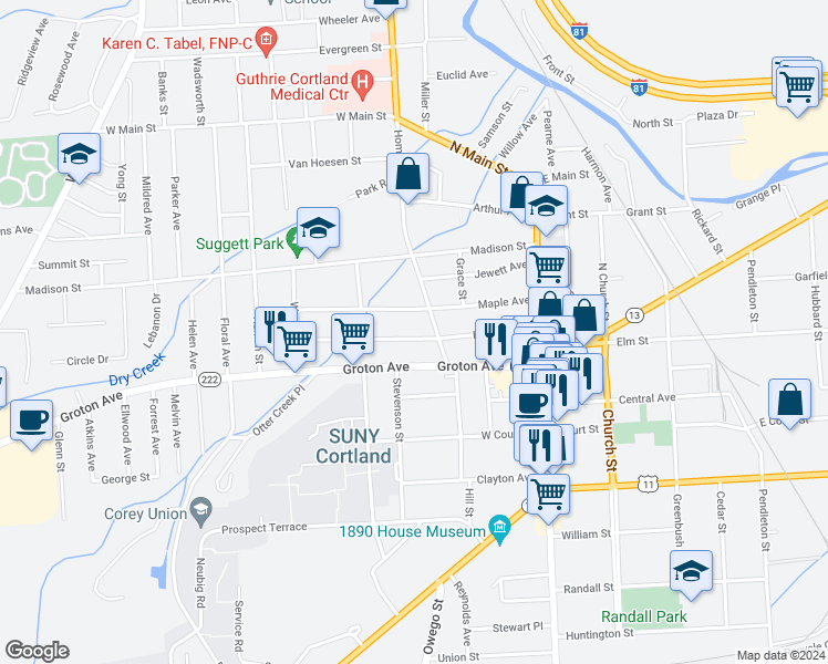 map of restaurants, bars, coffee shops, grocery stores, and more near 52 Lincoln Avenue in Cortland