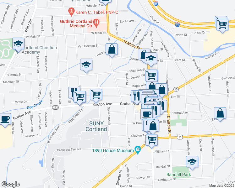 map of restaurants, bars, coffee shops, grocery stores, and more near 18 Homer Avenue in Cortland
