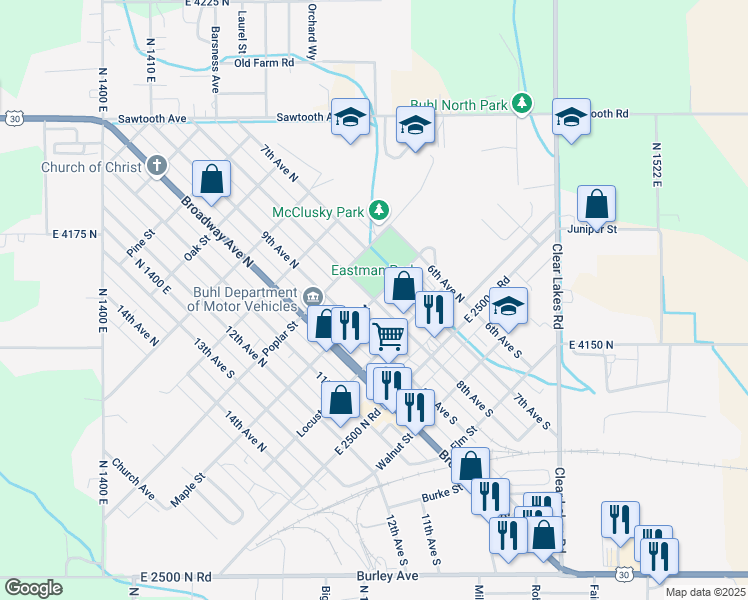 map of restaurants, bars, coffee shops, grocery stores, and more near 300 8th Avenue North in Buhl