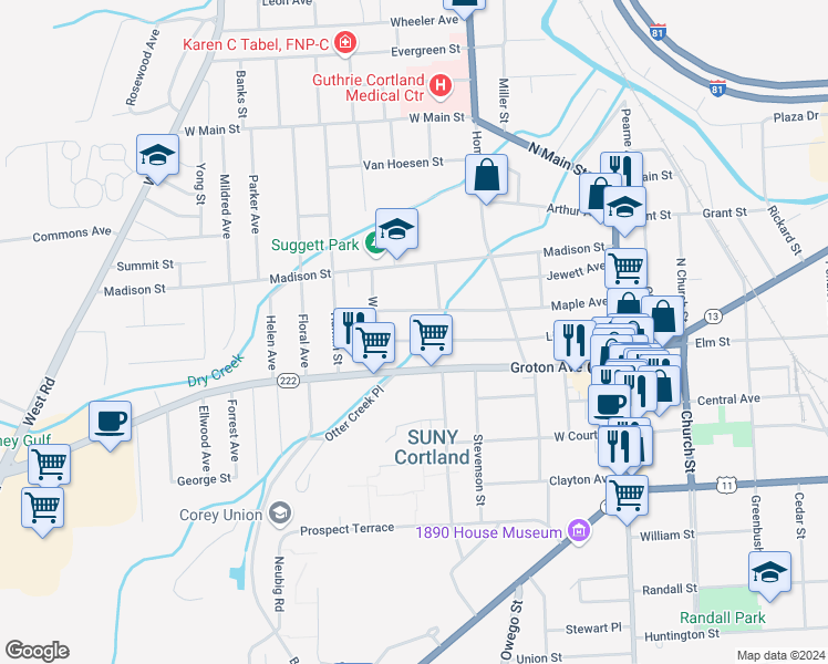 map of restaurants, bars, coffee shops, grocery stores, and more near 86-88-90 Groton Avenue in Cortland