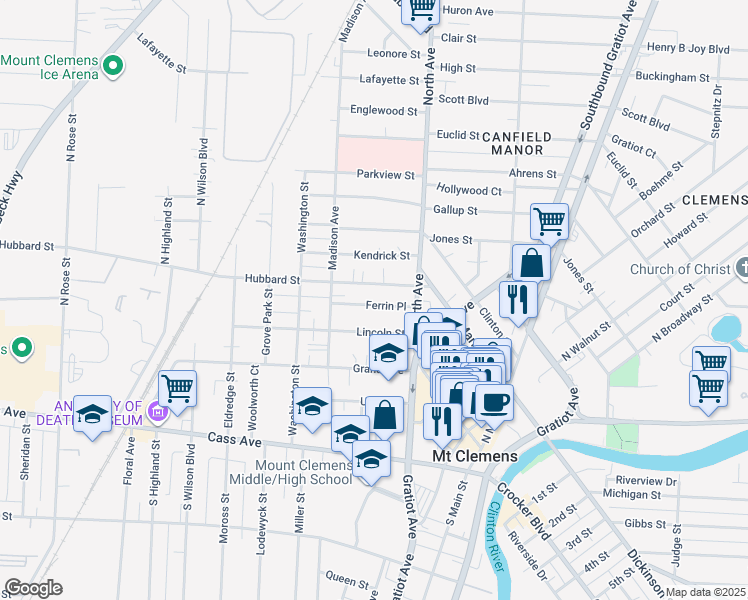 map of restaurants, bars, coffee shops, grocery stores, and more near 42 Lincoln Street in Mount Clemens
