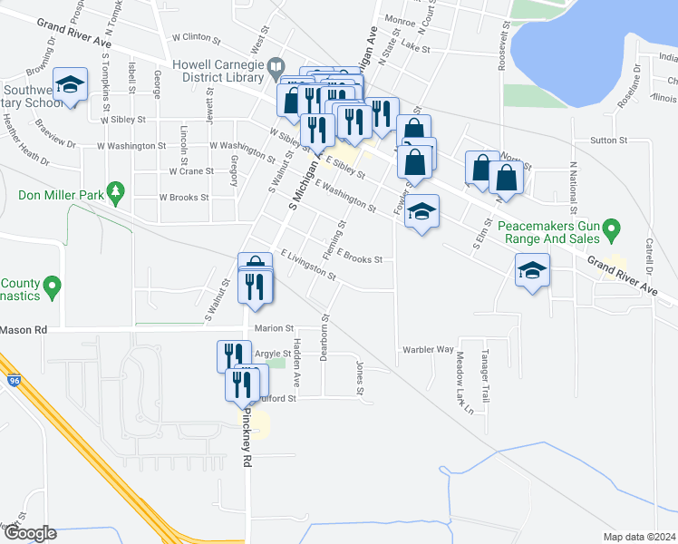 map of restaurants, bars, coffee shops, grocery stores, and more near 612 Dearborn Street in Howell
