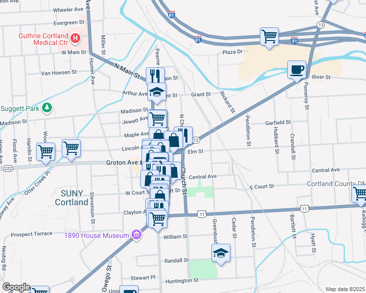 map of restaurants, bars, coffee shops, grocery stores, and more near 2 North Church Street in Cortland
