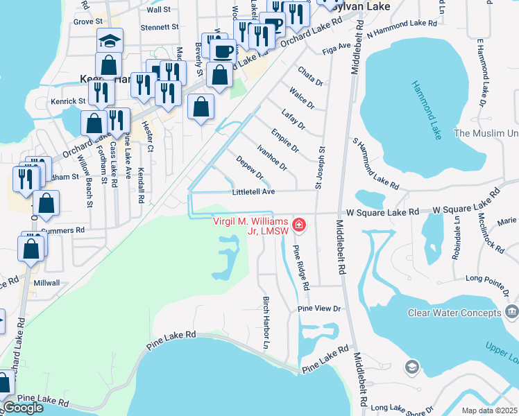 map of restaurants, bars, coffee shops, grocery stores, and more near 2575 West Square Lake Road in West Bloomfield Township