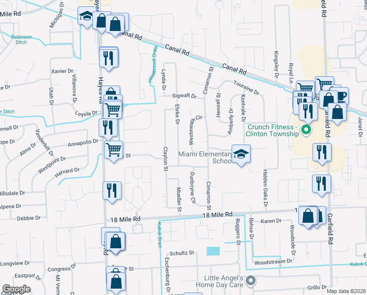 map of restaurants, bars, coffee shops, grocery stores, and more near 15807 Powell Drive in Clinton Township