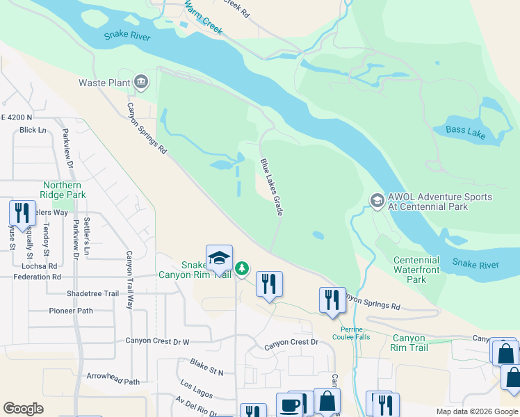 map of restaurants, bars, coffee shops, grocery stores, and more near Blue Lakes Grade in Twin Falls
