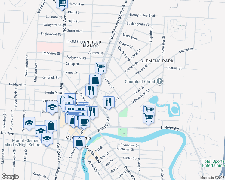 map of restaurants, bars, coffee shops, grocery stores, and more near 124 Jones Street in Mount Clemens