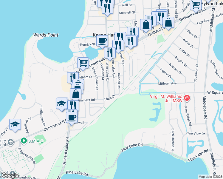 map of restaurants, bars, coffee shops, grocery stores, and more near 2436 Pine Lake Avenue in Keego Harbor