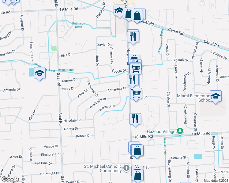 map of restaurants, bars, coffee shops, grocery stores, and more near 15010 Alma Drive in Sterling Heights
