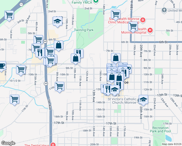 map of restaurants, bars, coffee shops, grocery stores, and more near 1203 9th Street in Monroe