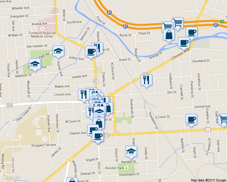 map of restaurants, bars, coffee shops, grocery stores, and more near 3 North Church Street in Cortland