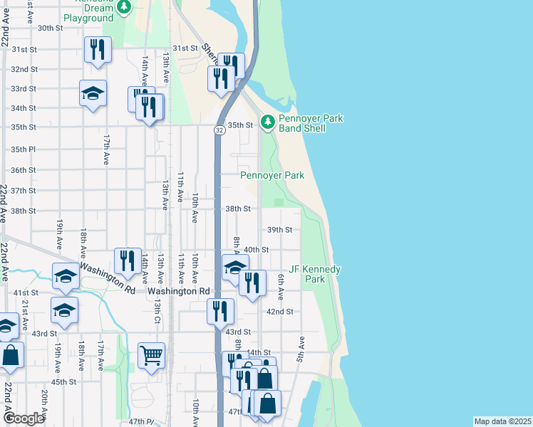 map of restaurants, bars, coffee shops, grocery stores, and more near in Kenosha