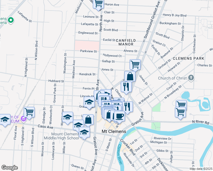 map of restaurants, bars, coffee shops, grocery stores, and more near 140 Market Street in Mount Clemens