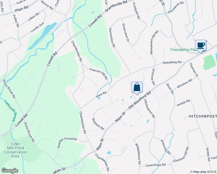 map of restaurants, bars, coffee shops, grocery stores, and more near 16 Frances Hill Road in Westford