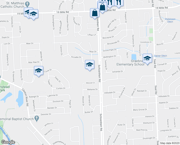 map of restaurants, bars, coffee shops, grocery stores, and more near 41855 Schoenherr Road in Sterling Heights