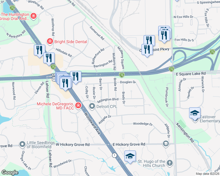 map of restaurants, bars, coffee shops, grocery stores, and more near 131 Douglas Drive in Bloomfield Hills