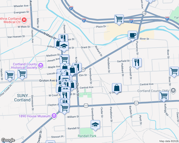 map of restaurants, bars, coffee shops, grocery stores, and more near 67 Clinton Avenue in Cortland
