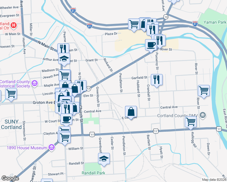 map of restaurants, bars, coffee shops, grocery stores, and more near Pendleton Street in Cortland