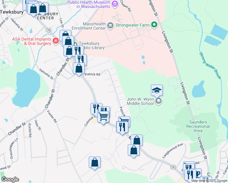 map of restaurants, bars, coffee shops, grocery stores, and more near 100 Patrick Road in Tewksbury
