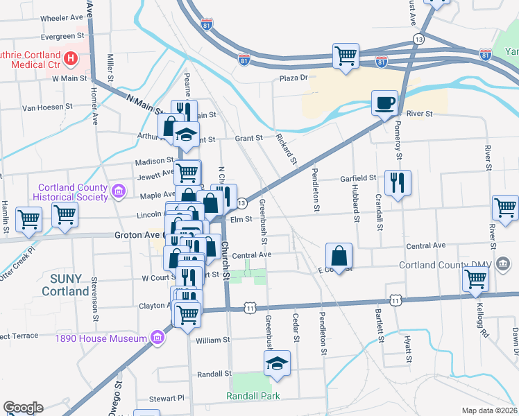 map of restaurants, bars, coffee shops, grocery stores, and more near 67 Clinton Avenue in Cortland