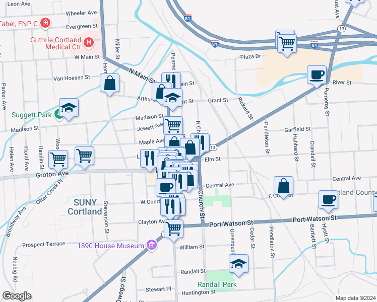 map of restaurants, bars, coffee shops, grocery stores, and more near 17 Charles Street in Cortland