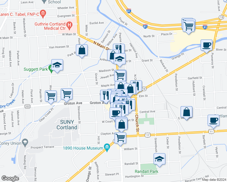 map of restaurants, bars, coffee shops, grocery stores, and more near 35 North Main Street in Cortland