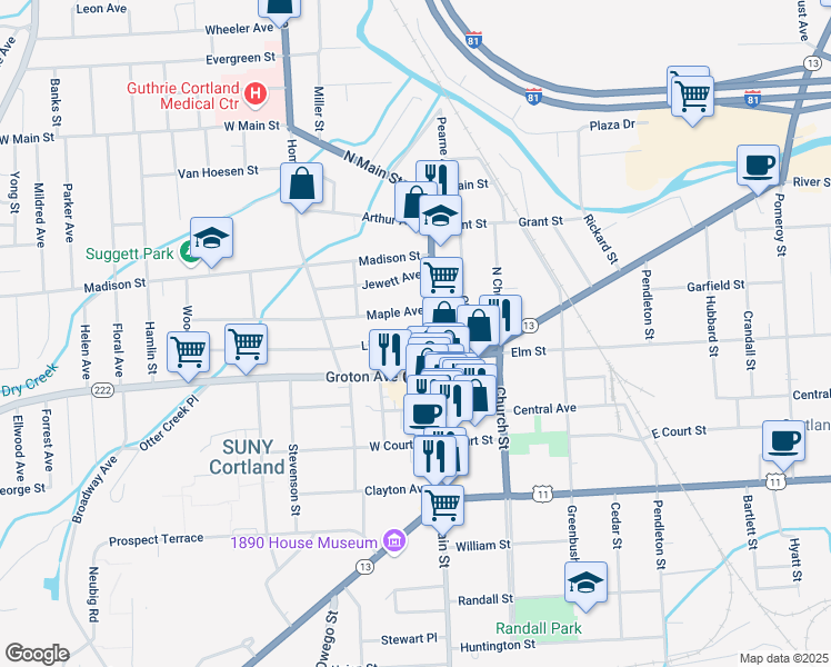 map of restaurants, bars, coffee shops, grocery stores, and more near 23-25 Maple Avenue in Cortland