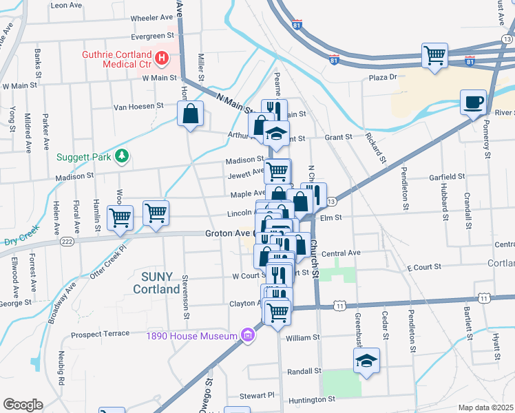 map of restaurants, bars, coffee shops, grocery stores, and more near 23-25 Maple Avenue in Cortland