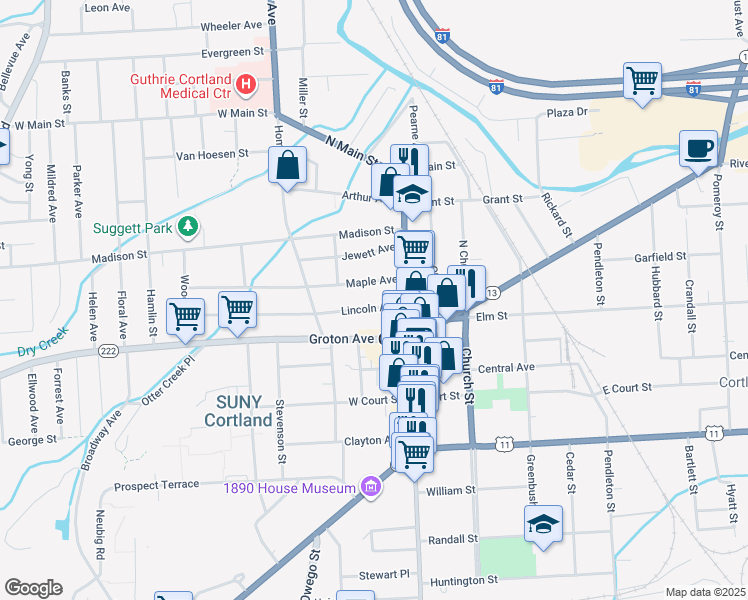 map of restaurants, bars, coffee shops, grocery stores, and more near 23-25 Maple Avenue in Cortland