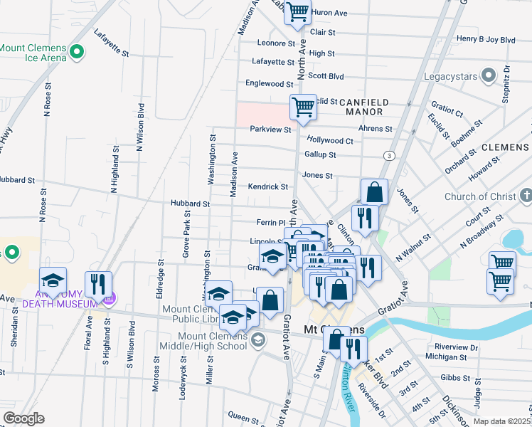 map of restaurants, bars, coffee shops, grocery stores, and more near 38 Hubbard Street in Mount Clemens