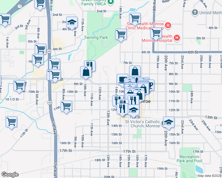 map of restaurants, bars, coffee shops, grocery stores, and more near 1309 9th Street in Monroe