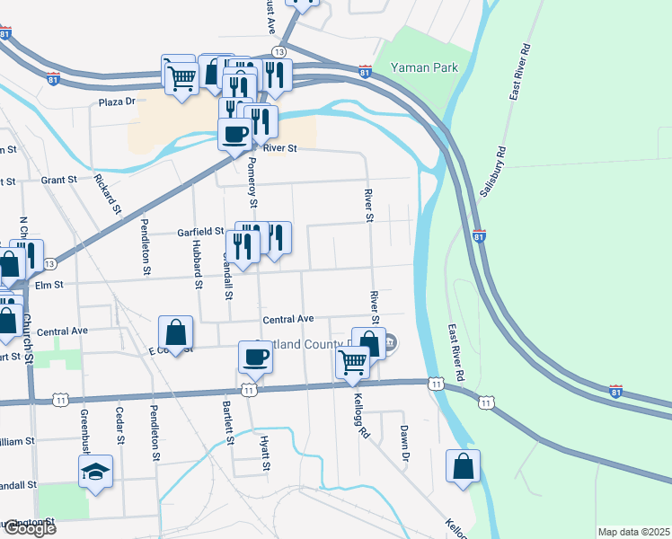 map of restaurants, bars, coffee shops, grocery stores, and more near Elm St & Regina Dr in Cortland