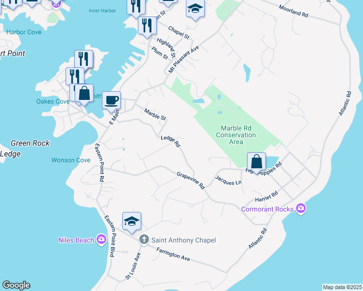 map of restaurants, bars, coffee shops, grocery stores, and more near 52 Ledge Road in Gloucester