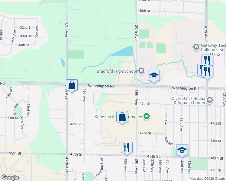 map of restaurants, bars, coffee shops, grocery stores, and more near 4128 Washington Road in Kenosha