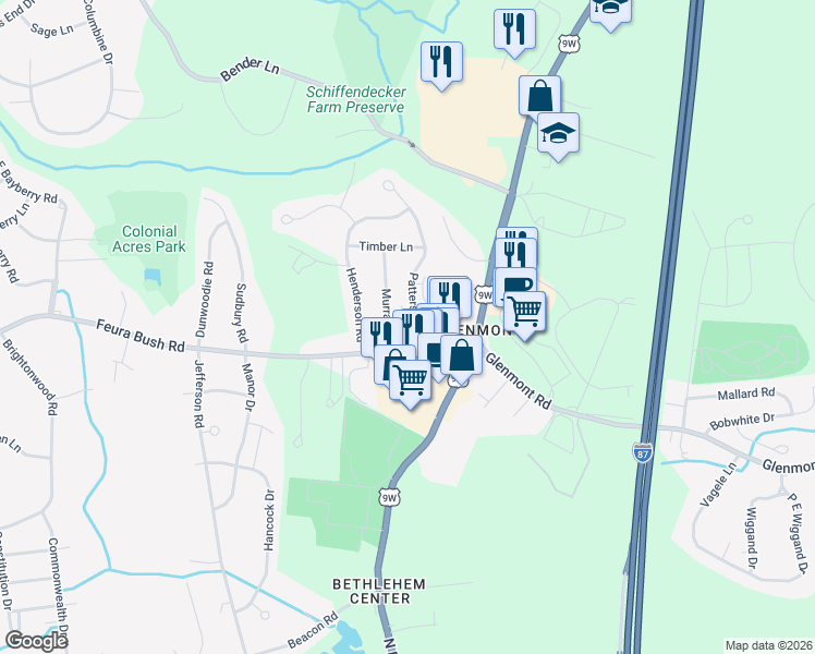 map of restaurants, bars, coffee shops, grocery stores, and more near 10 Patterson Drive in Glenmont
