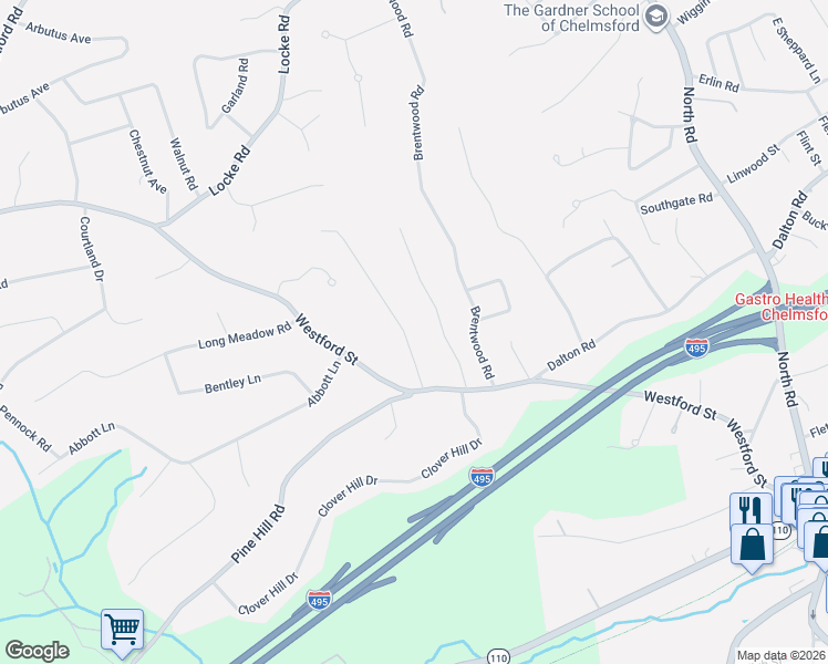 map of restaurants, bars, coffee shops, grocery stores, and more near 7 Lantern Lane in Chelmsford