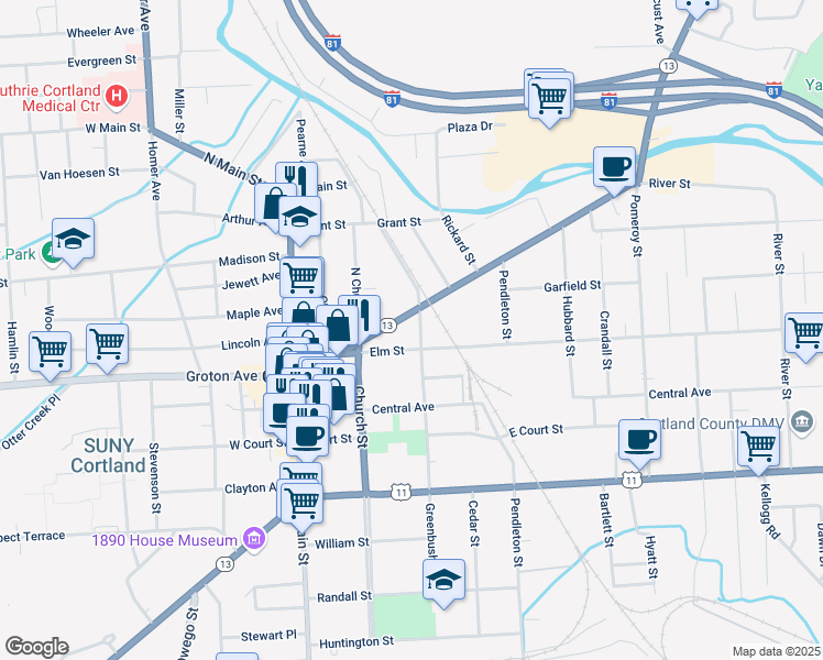 map of restaurants, bars, coffee shops, grocery stores, and more near 67 Clinton Avenue in Cortland