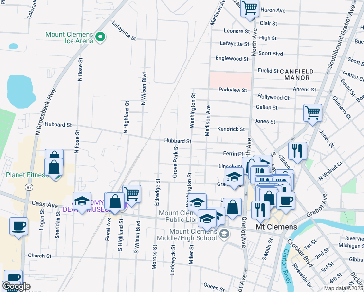 map of restaurants, bars, coffee shops, grocery stores, and more near 114 Hubbard Street in Mount Clemens