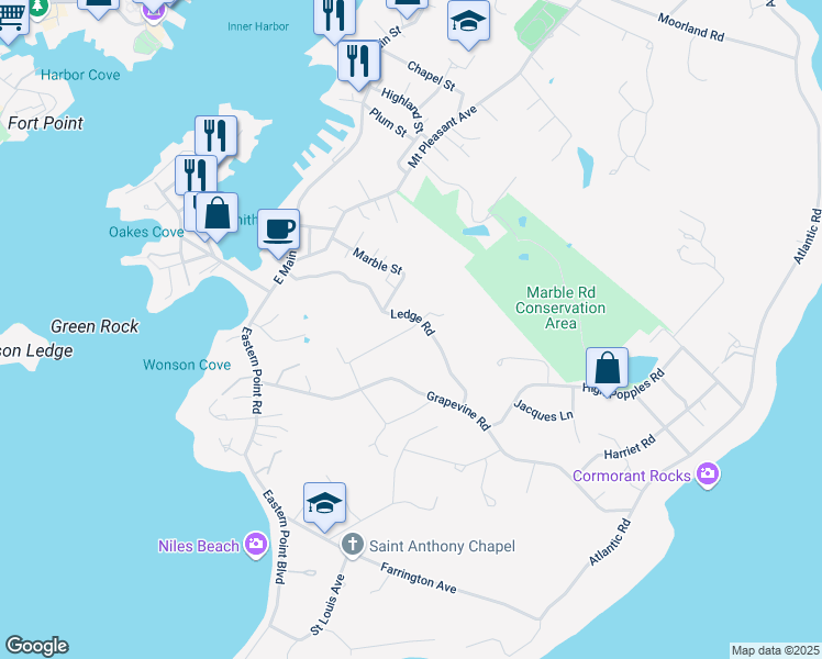 map of restaurants, bars, coffee shops, grocery stores, and more near 1 Orchard Road in Gloucester