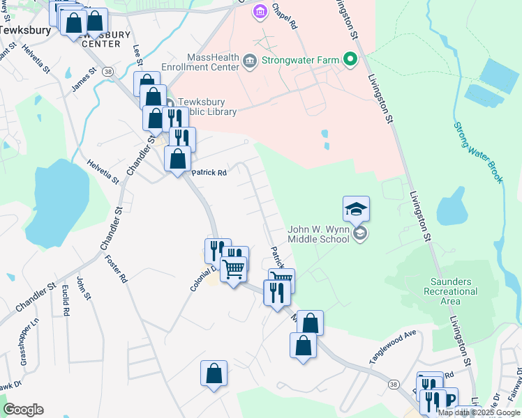 map of restaurants, bars, coffee shops, grocery stores, and more near 129 Patrick Road in Tewksbury