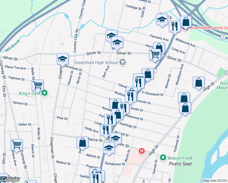map of restaurants, bars, coffee shops, grocery stores, and more near 1 Cross Street in Greenfield
