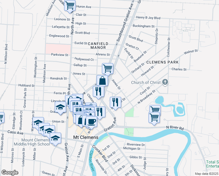 map of restaurants, bars, coffee shops, grocery stores, and more near 193 Northbound Gratiot Avenue in Mount Clemens
