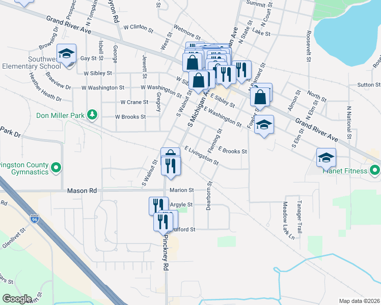 map of restaurants, bars, coffee shops, grocery stores, and more near 121 East Livingston Street in Howell