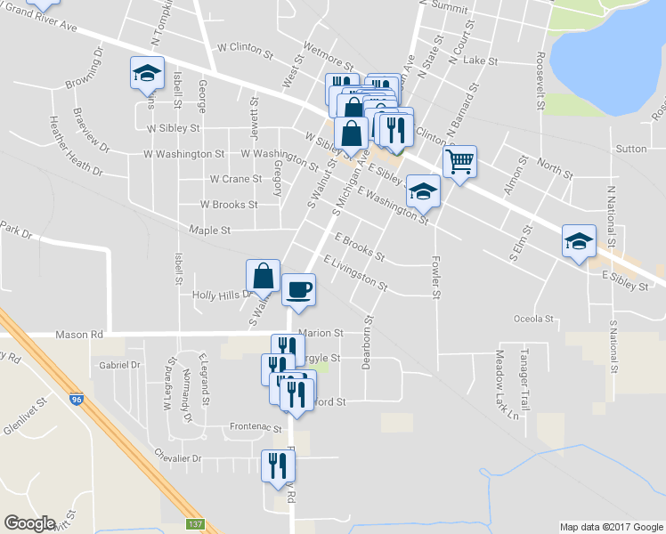map of restaurants, bars, coffee shops, grocery stores, and more near 121 East Livingston Street in Howell