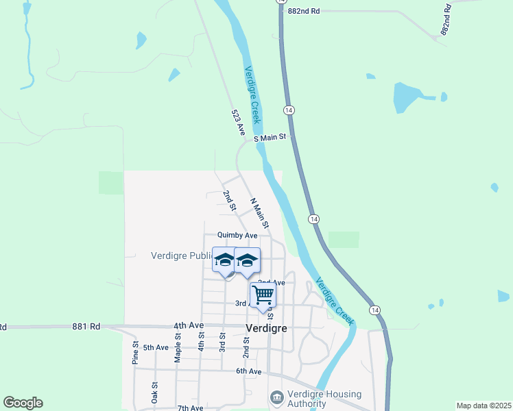 map of restaurants, bars, coffee shops, grocery stores, and more near North Main Street in Verdigre